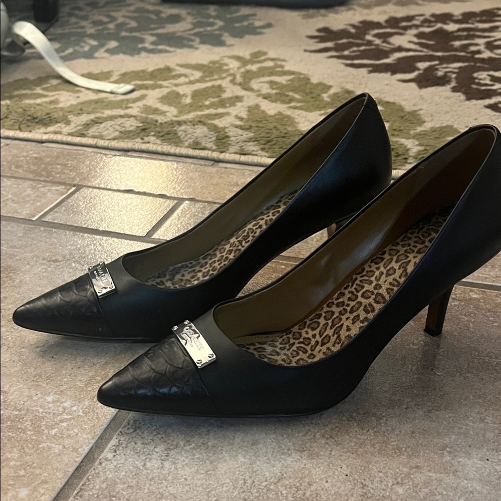 Coach Black Leather Heels with Silver Accents